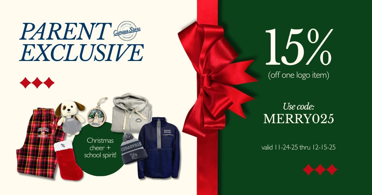 Campus Store parent exclusive; 15% off one logo item; use code Merry025 November 24 through December 15.