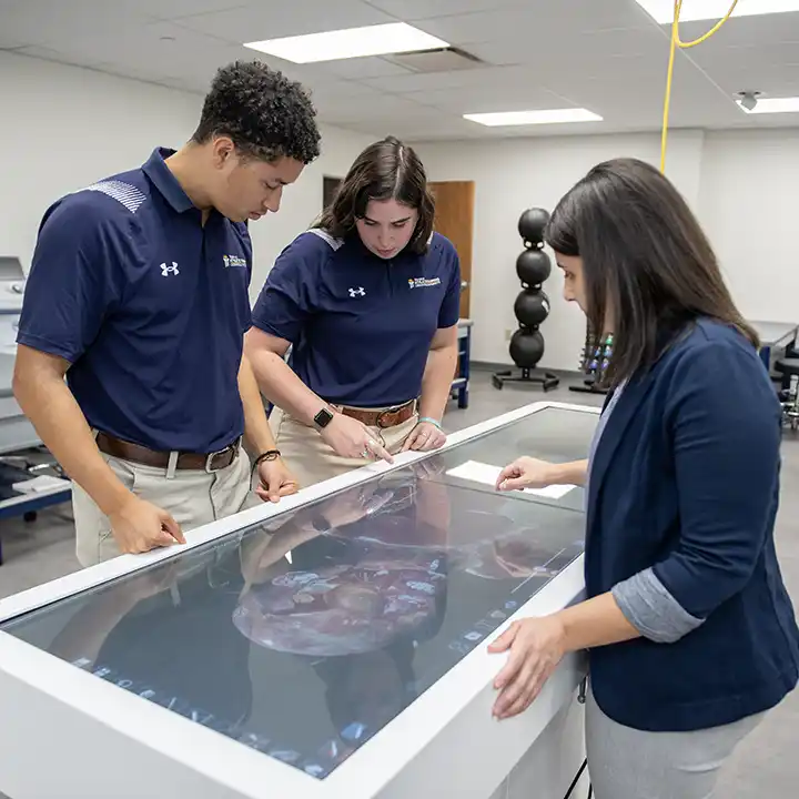 Students working with digital health care equipment.