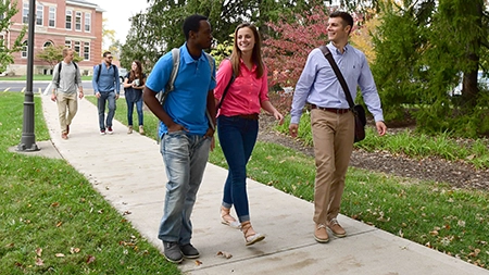 Students walking along a wooded sidewalk.