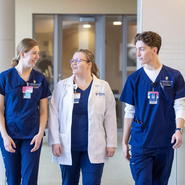 Female faculty discussing something with two nursing students.