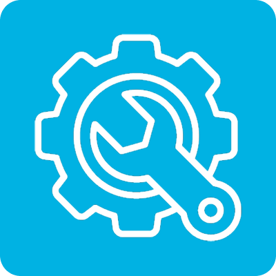 white outline of a gear with a wrench in the center.