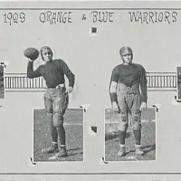 Two football players with words 