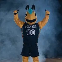 Yellow jacket mascot excitedly raising arms on basketball court.