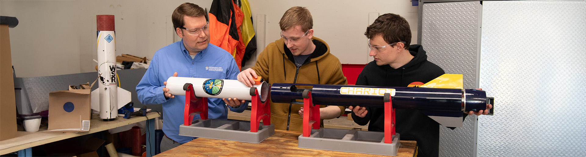 Dr. Joseph Miller works with Cedarville's NASA launch team on their rocket