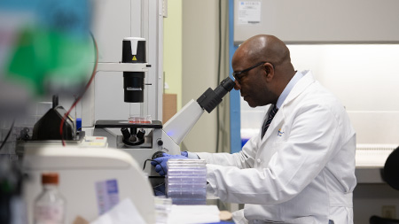 Pharmacy innovator looking through a microscope