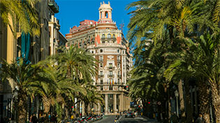 Valencia, Spain - April 11th 2019: A view of the stunning exterior of the headquarters of the Banco de Valencia, or Bank of Valencia, in the historic city of Valencia in Spain.