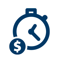 Icon with a blue and white design, showing a clock and dollar sign for cost per credit.